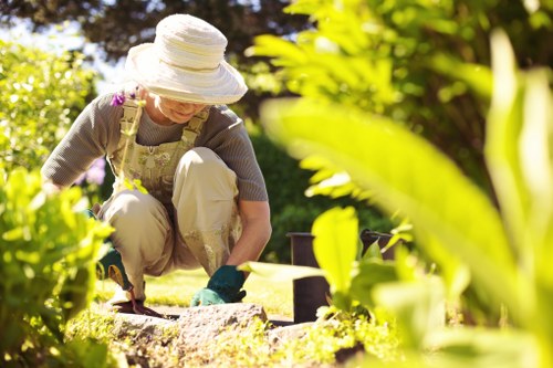 Worker inspecting a trimmed hedge in a residential Palmers Green street